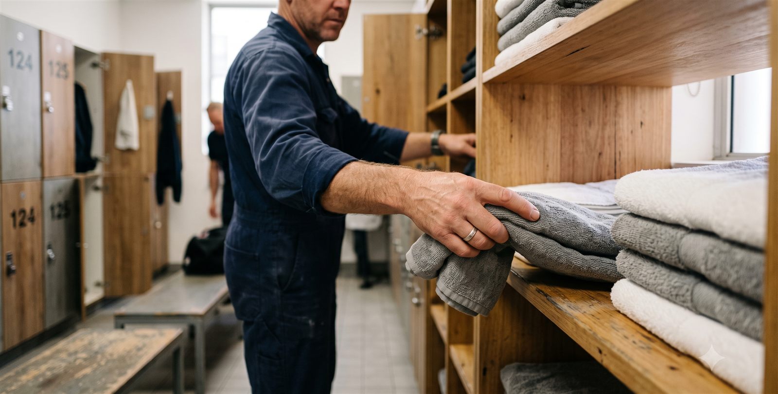 Fresh towels being placed on shelving