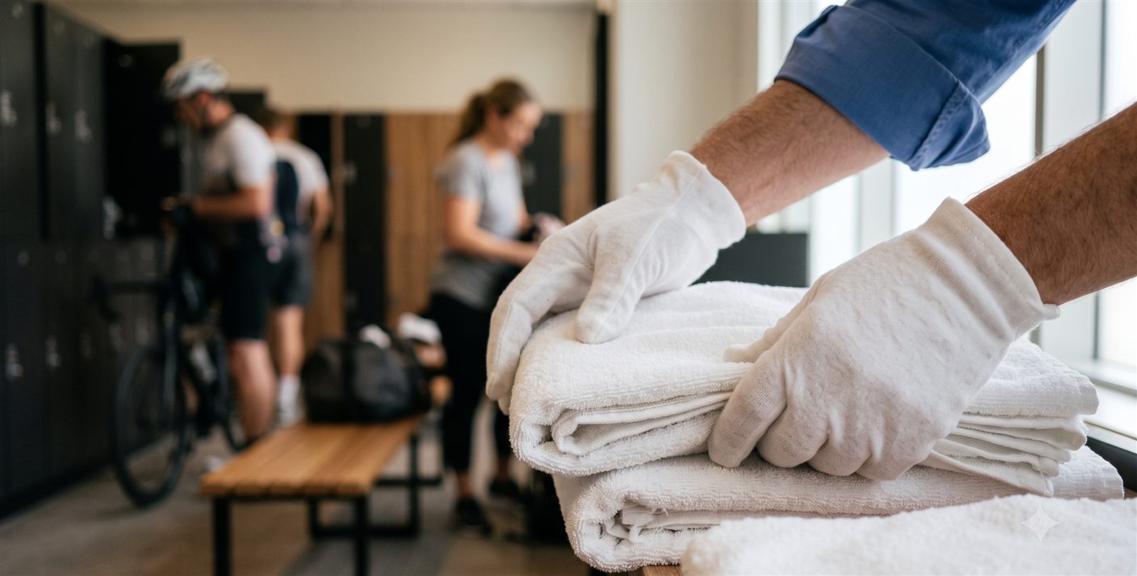Gloved hands handling clean folded towels